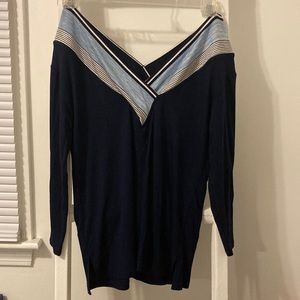 Women’s Chico’s Size 0 V-Neck Navy Blue/Light Blue/White 3/4 Sleeve Shirt NWOT